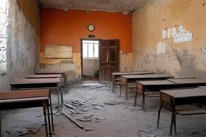 A classroom with desks and chairs in it photo