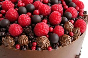 A chocolate cake with raspberries and chocolate chips photo