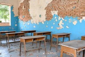 An empty classroom with desks and chairs photo