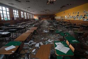 A classroom with desks and chairs that are covered in papers photo