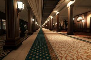 A long hallway with pillars and a carpet photo