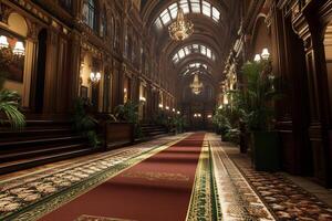 A long hallway with a red carpet and ornate chandeliers photo