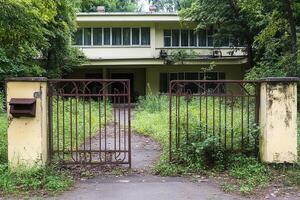 An abandoned house with a gate and a mailbox photo
