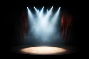 Stage with spotlight and red curtains photo