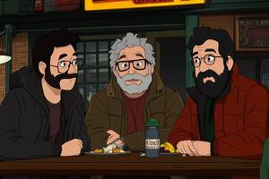 Three men sitting at a table with a sign that says the office photo