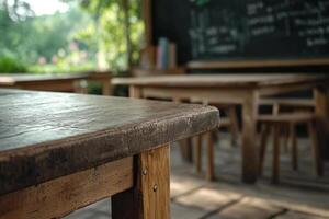 A table with chairs and a chalkboard in the background photo
