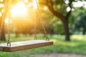 A swing is shown in the sun with trees in the background photo