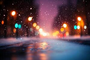 Winter night street with snow falling down and lights photo