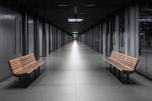 A long hallway with two benches in it photo