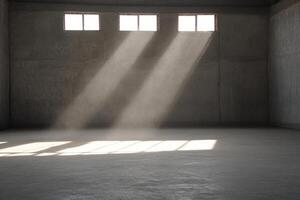 A large empty room with sunlight streaming through the windows photo