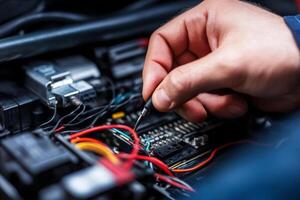 A person is working on a car's electrical system photo