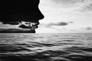 A man's face is in the water with clouds in the background photo
