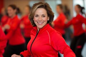 A woman in a red jacket is smiling in a gym photo