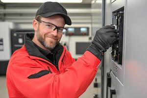 A man in a red jacket and glasses is fixing a panel photo