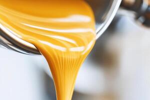 A close up of a liquid pouring from a metal container photo