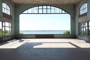 An empty room with a large window overlooking the water photo