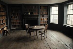 A room with a table and chairs in it photo