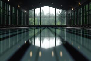 An empty swimming pool with a large window photo