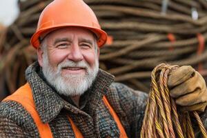 A smiling man in an orange safety vest holding a bundle of wire photo
