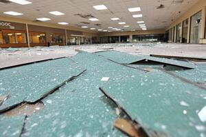 A broken glass floor in a large empty building photo