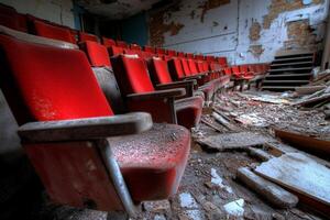 A row of red seats in an abandoned theater photo