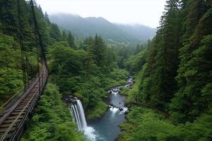 A bridge over a river with a waterfall in the background photo