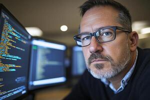 A man with glasses and a beard sitting in front of two computer screens photo