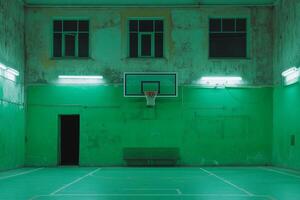 An empty basketball court with green walls and a basketball hoop photo