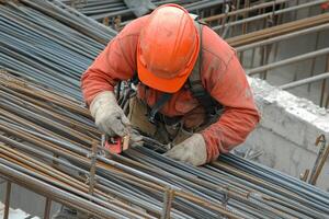 A construction worker using a metal rod to build a structure photo