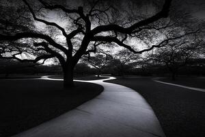 A black and white photo of a path in a park