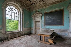 An old classroom with a chalk board and a window photo