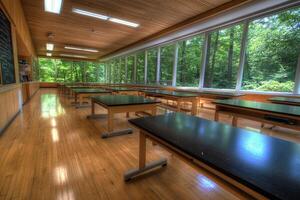A classroom with tables and chairs photo