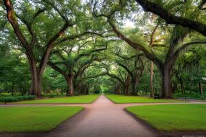A pathway through a park with trees and grass photo