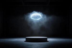 A brain in a dark room with smoke coming out of it photo