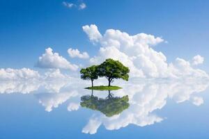 Two trees are reflected in the water with clouds in the background photo