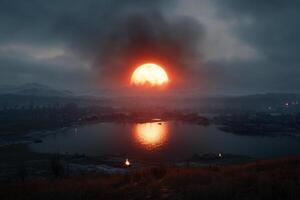 The sun is setting over a lake in the distance photo