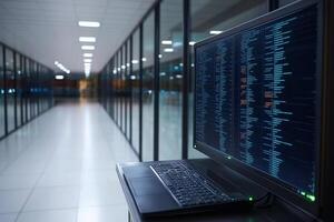 A computer monitor is sitting on a desk in a hallway photo