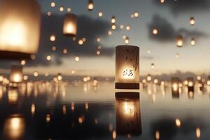 A floating lantern in the water with a light shining on it photo