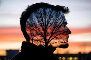 A man's face is reflected in a tree photo