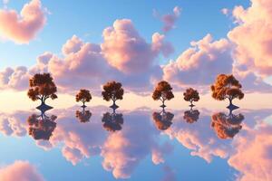 A group of trees are reflected in the water photo