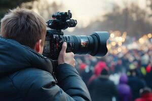 A man holding a camera in front of a crowd photo