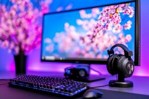 A computer monitor, keyboard and headset on a desk photo