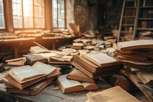 An old library with many books on the floor photo