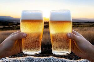 Two people toasting with beer glasses in front of a sunset photo