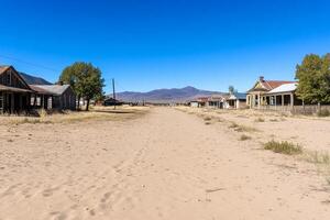 An empty dirt road in the middle of a desert photo
