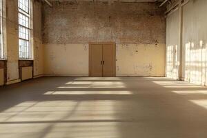 A large empty room with a door and a window photo