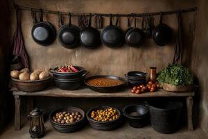 A wooden shelf with pots and pans on it photo