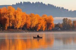 A man in a boat on a calm lake with trees in the background photo