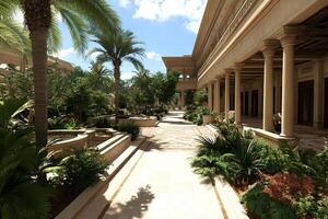 A walkway with palm trees and plants in the middle of a courtyard photo