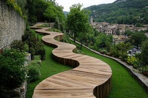 A wooden walkway that leads to a hillside photo